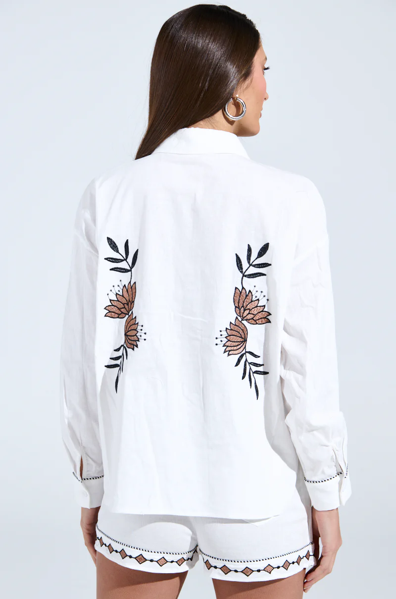 EMBROIDERED FLOWER LINEN BUTTON UP - Image 5