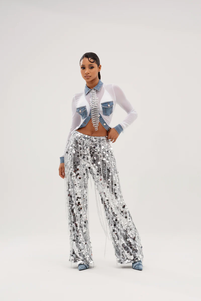 EXPENSIVE TASTE STRETCHY SEQUIN CHAIN PANTS - Image 5
