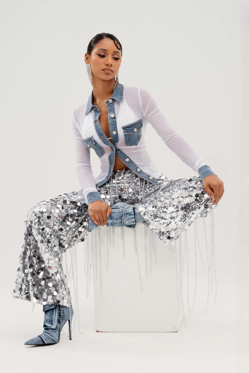 EXPENSIVE TASTE STRETCHY SEQUIN CHAIN PANTS - Image 6
