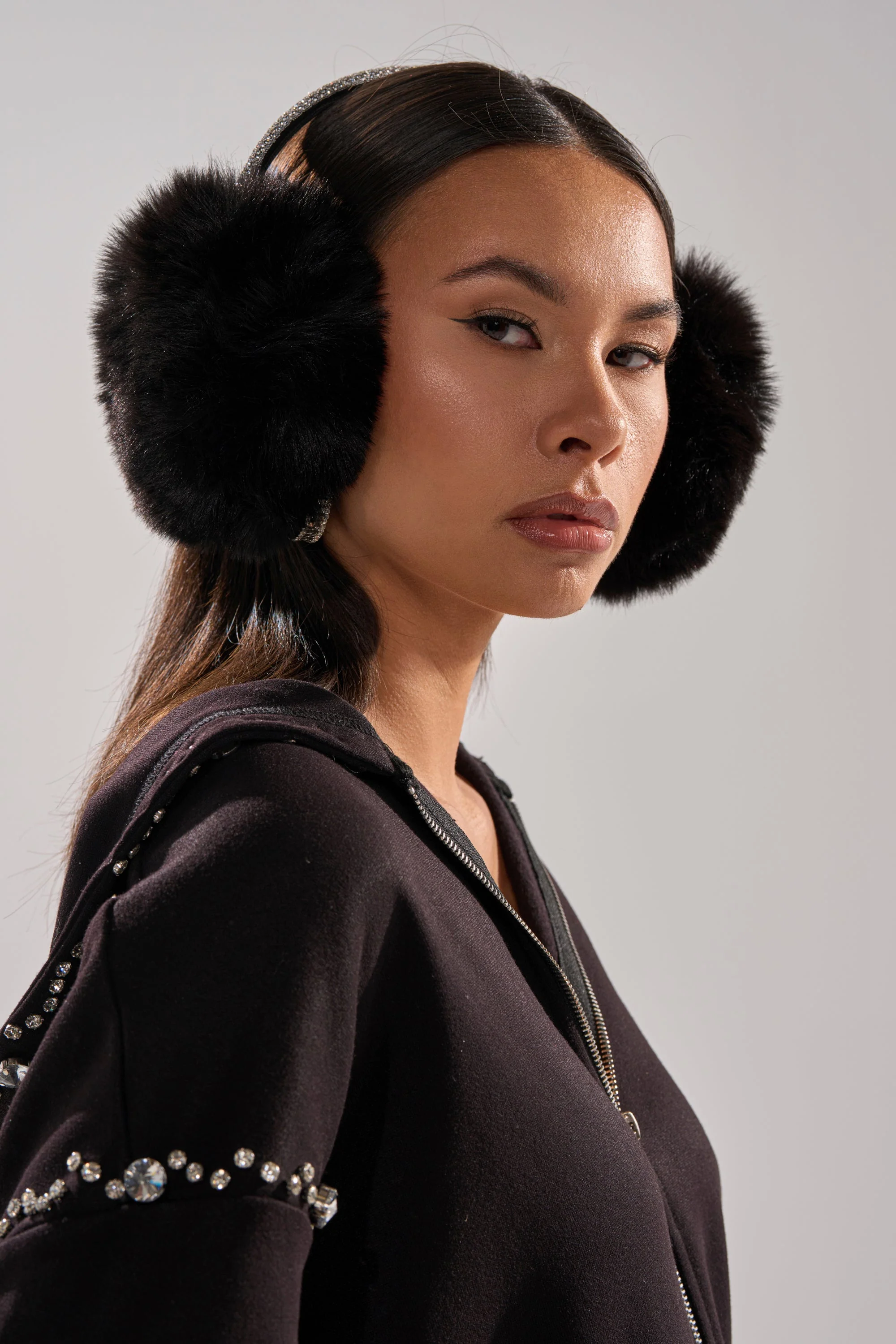 EXTRA RHINESTONE EAR MUFFS IN BLACK - Image 2