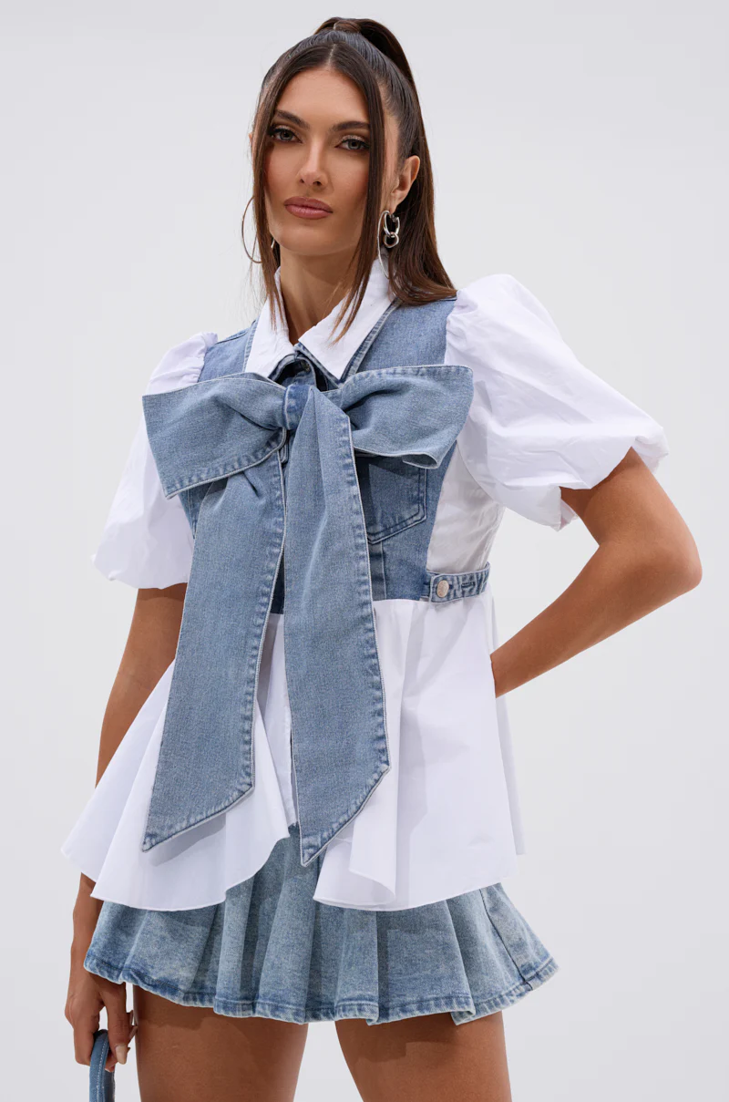 FAITH SHORT SLEEVE DENIM TIE POPLIN BLOUSE TOP - Image 2