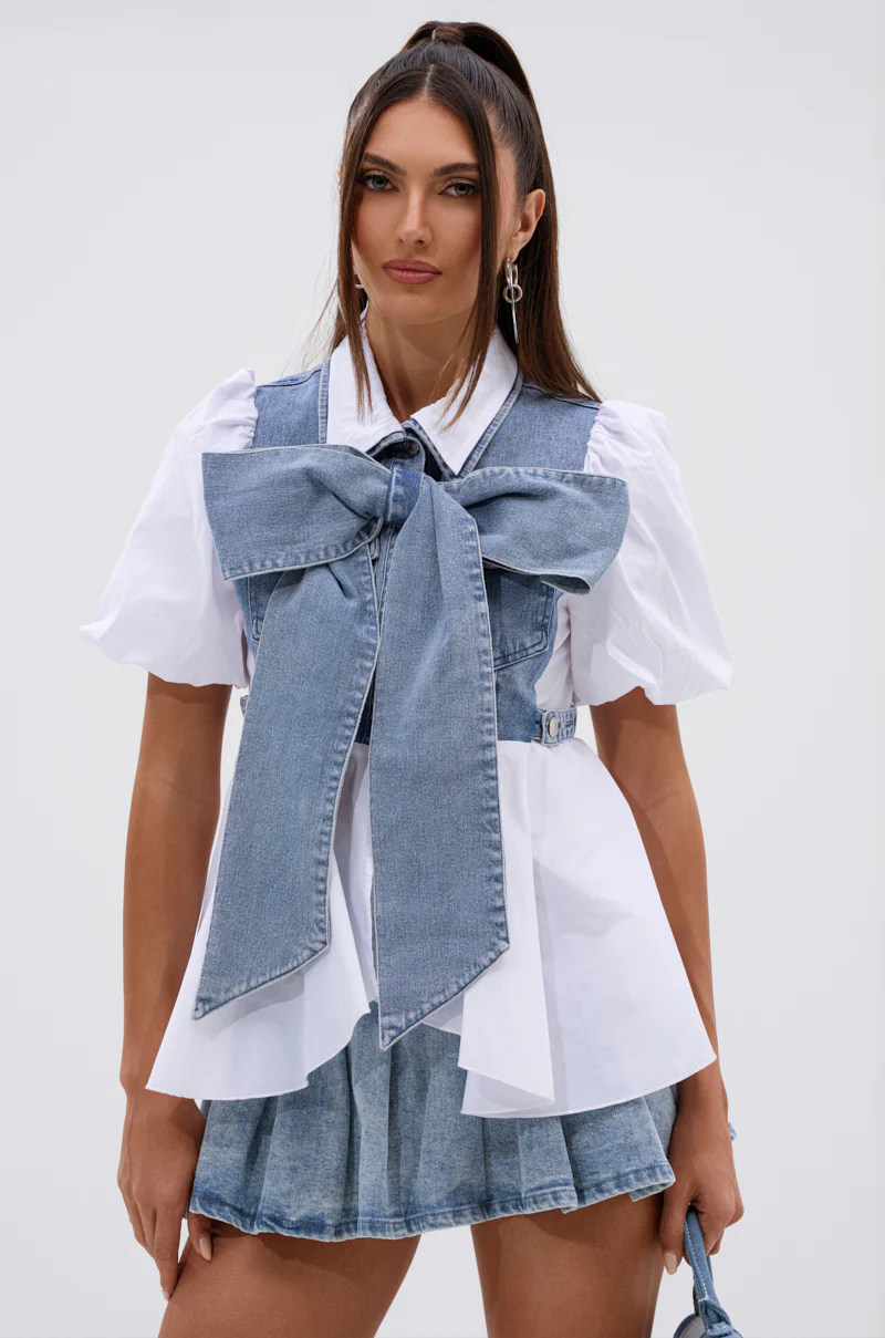FAITH SHORT SLEEVE DENIM TIE POPLIN BLOUSE TOP - Image 3