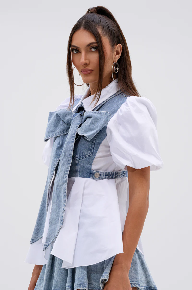 FAITH SHORT SLEEVE DENIM TIE POPLIN BLOUSE TOP - Image 4