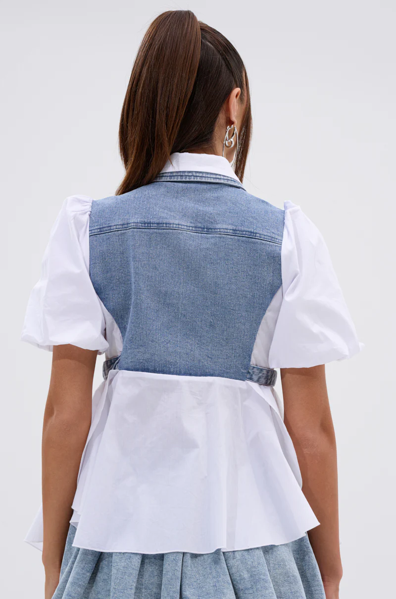 FAITH SHORT SLEEVE DENIM TIE POPLIN BLOUSE TOP - Image 5
