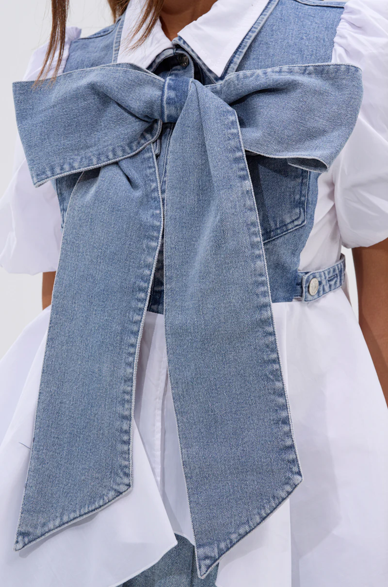FAITH SHORT SLEEVE DENIM TIE POPLIN BLOUSE TOP - Image 8
