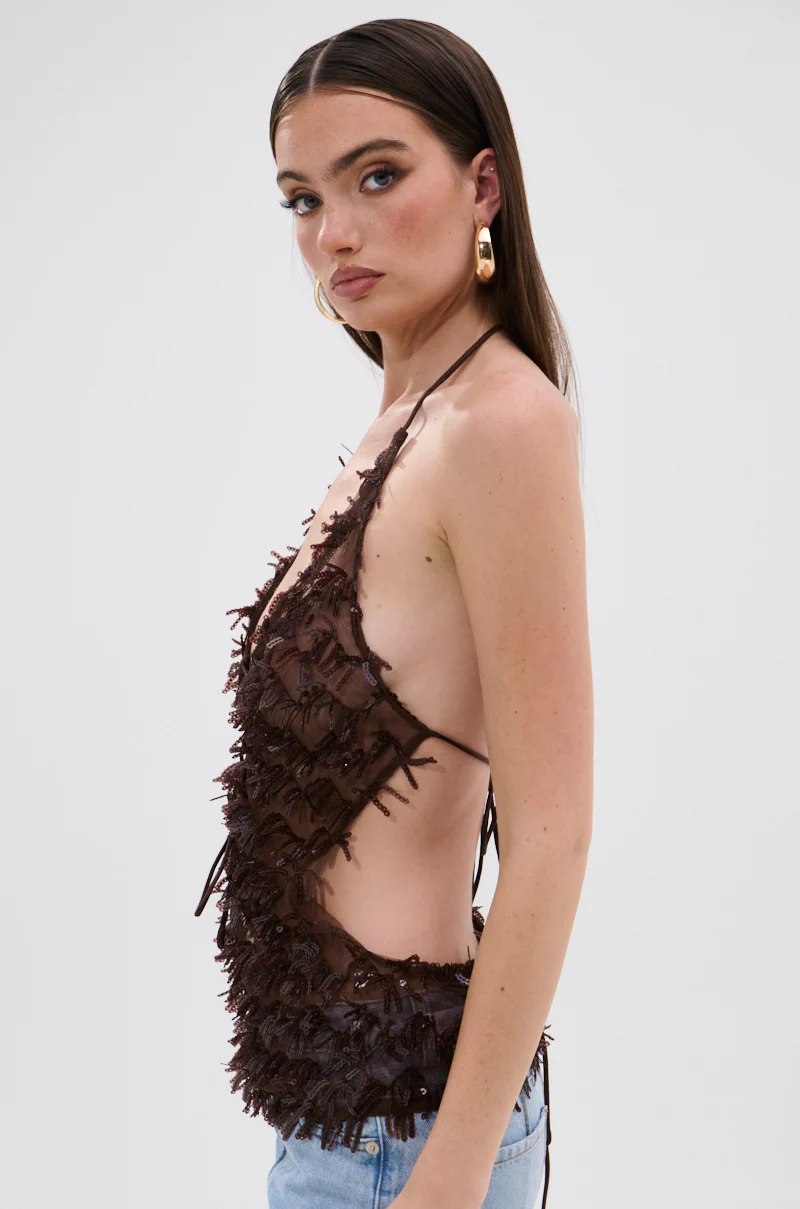 SEQUIN FRINGE QUEEN HALTER NECK BLOUSE - Image 3