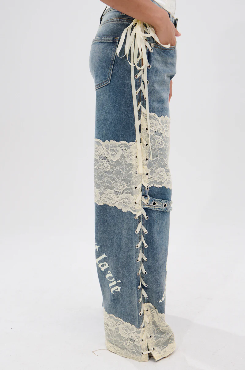 FEMME FATALE PRINTED AND LACE UP DETAIL DENIM JEANS - Image 2