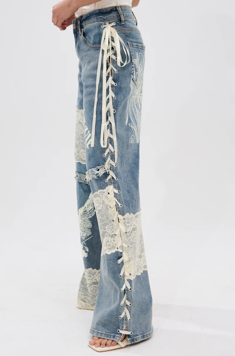 FEMME FATALE PRINTED AND LACE UP DETAIL DENIM JEANS - Image 3