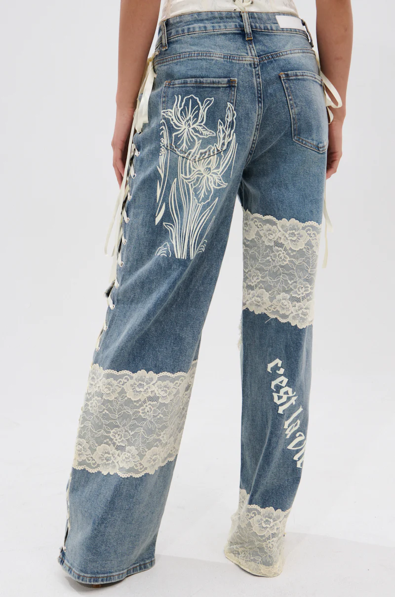 FEMME FATALE PRINTED AND LACE UP DETAIL DENIM JEANS - Image 4