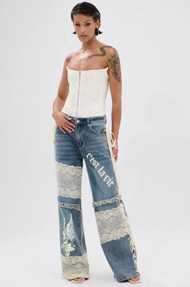 FEMME FATALE PRINTED AND LACE UP DETAIL DENIM JEANS - Image 5