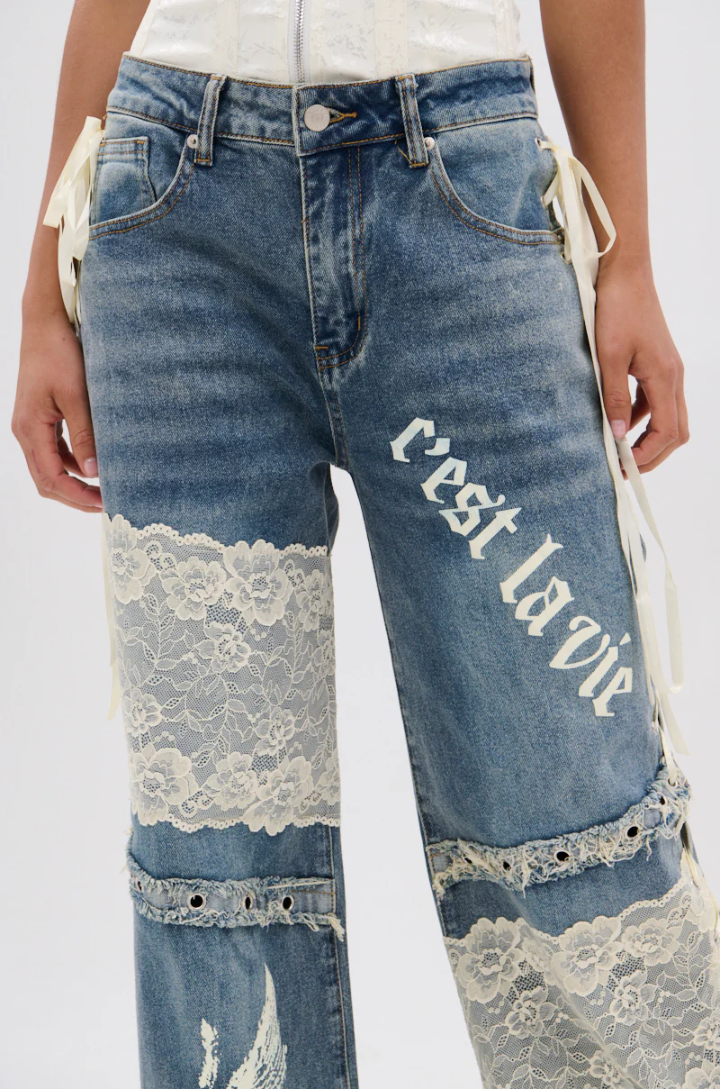 FEMME FATALE PRINTED AND LACE UP DETAIL DENIM JEANS - Image 6