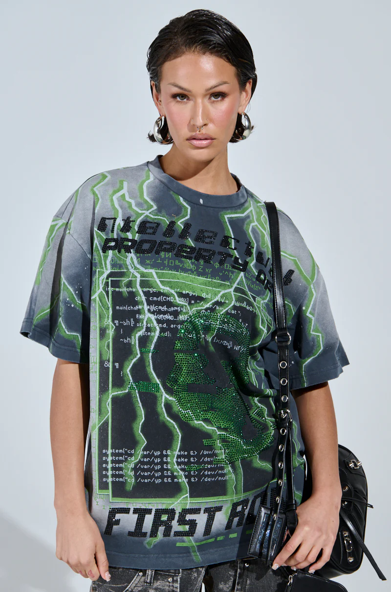 FIRST ONE HERE OVERSIZED GRAPHIC TEE