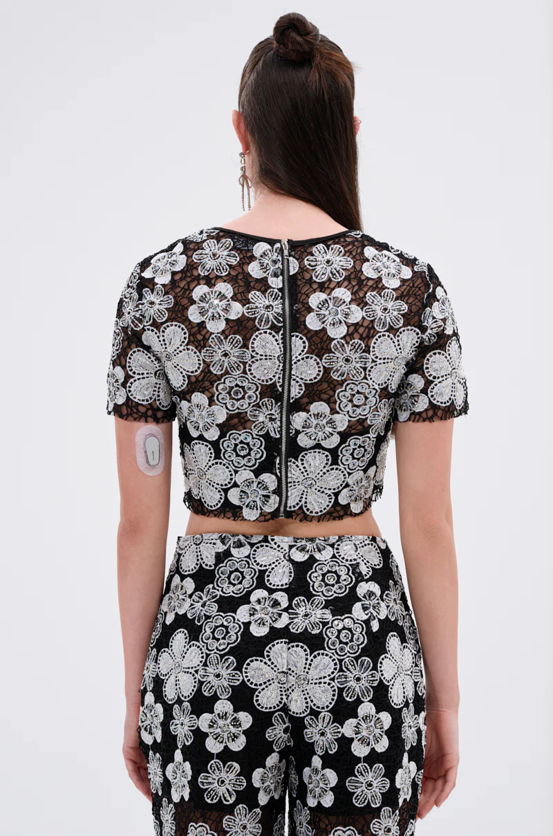 FLORAL SEQUIN MESH SHORT SLEEVE BLOUSE - Image 3