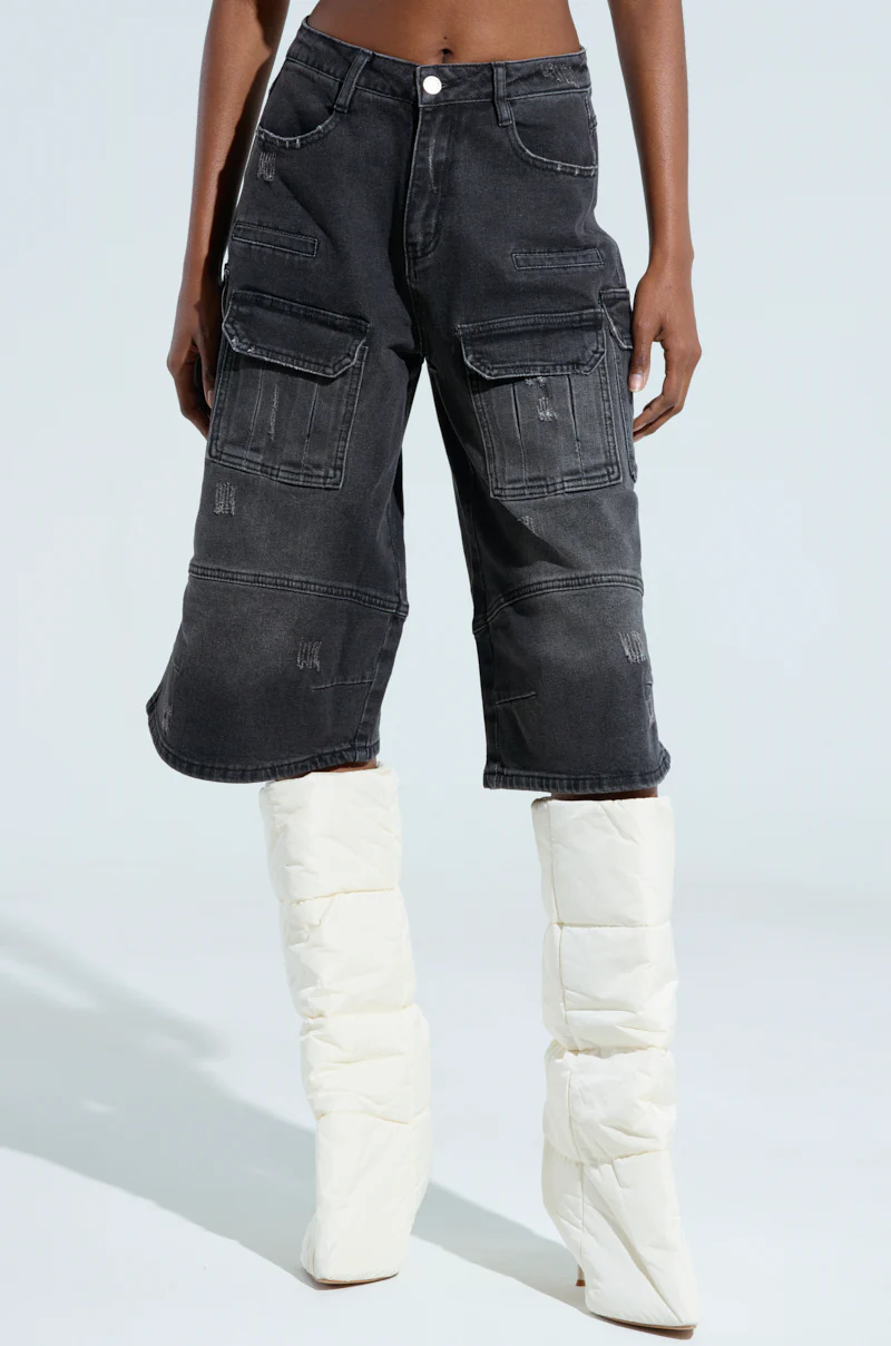 FORGET ME NOT BLACK DENIM CARGO BERMUDA SHORT - Image 2