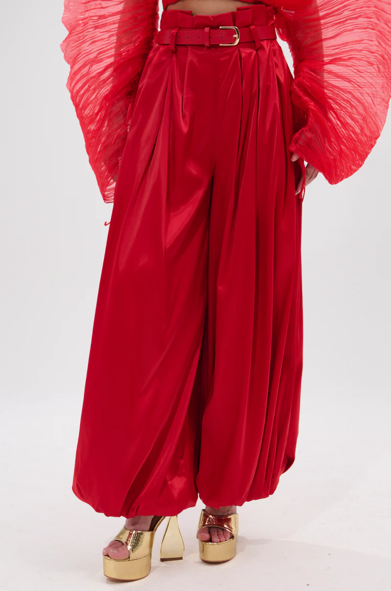 FORTUNE'S FAVORITE SATIN BELTED BALLOON PANT IN RED - Image 3