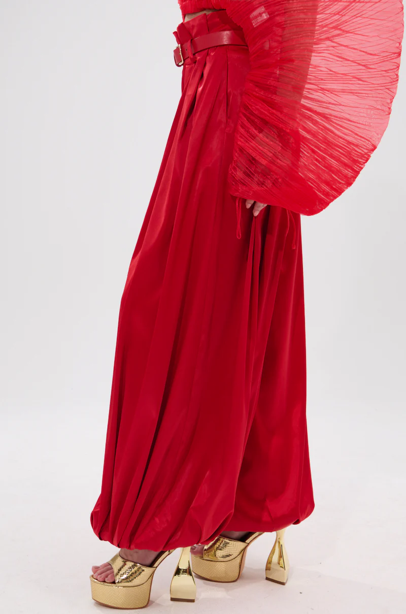 FORTUNE'S FAVORITE SATIN BELTED BALLOON PANT IN RED - Image 4