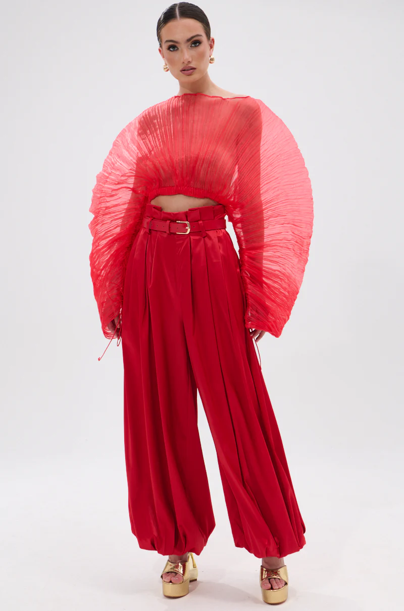 FORTUNE'S FAVORITE SATIN BELTED BALLOON PANT IN RED - Image 6