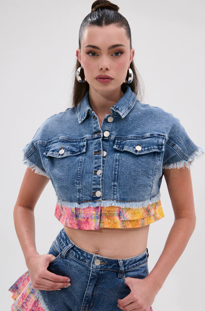 FULL OF LIFE DENIM BUTTON DOWN WITH PLAID DETAILS - Image 2