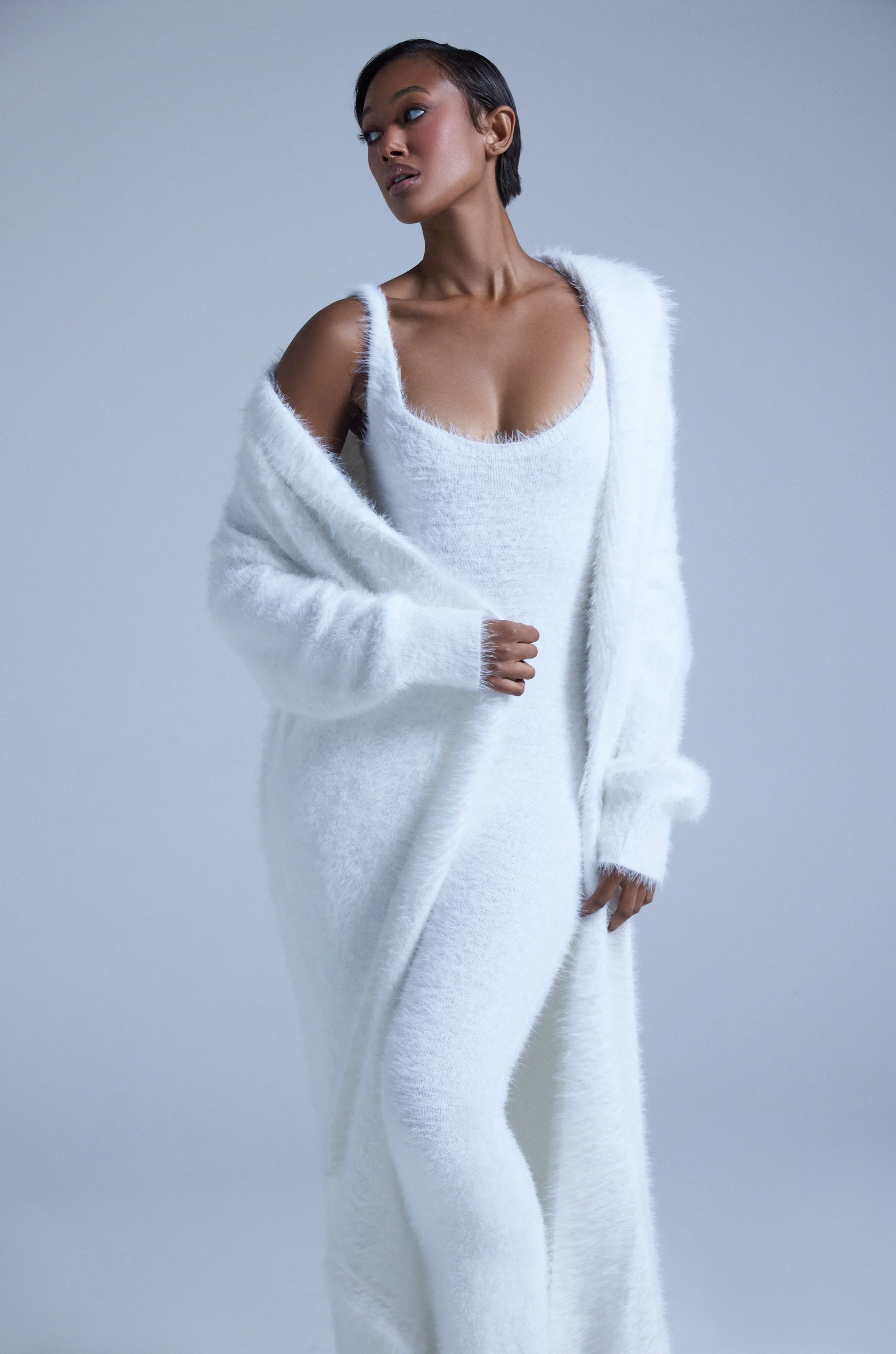 FUZZY KNIT SHAWL NECK CARDIGAN