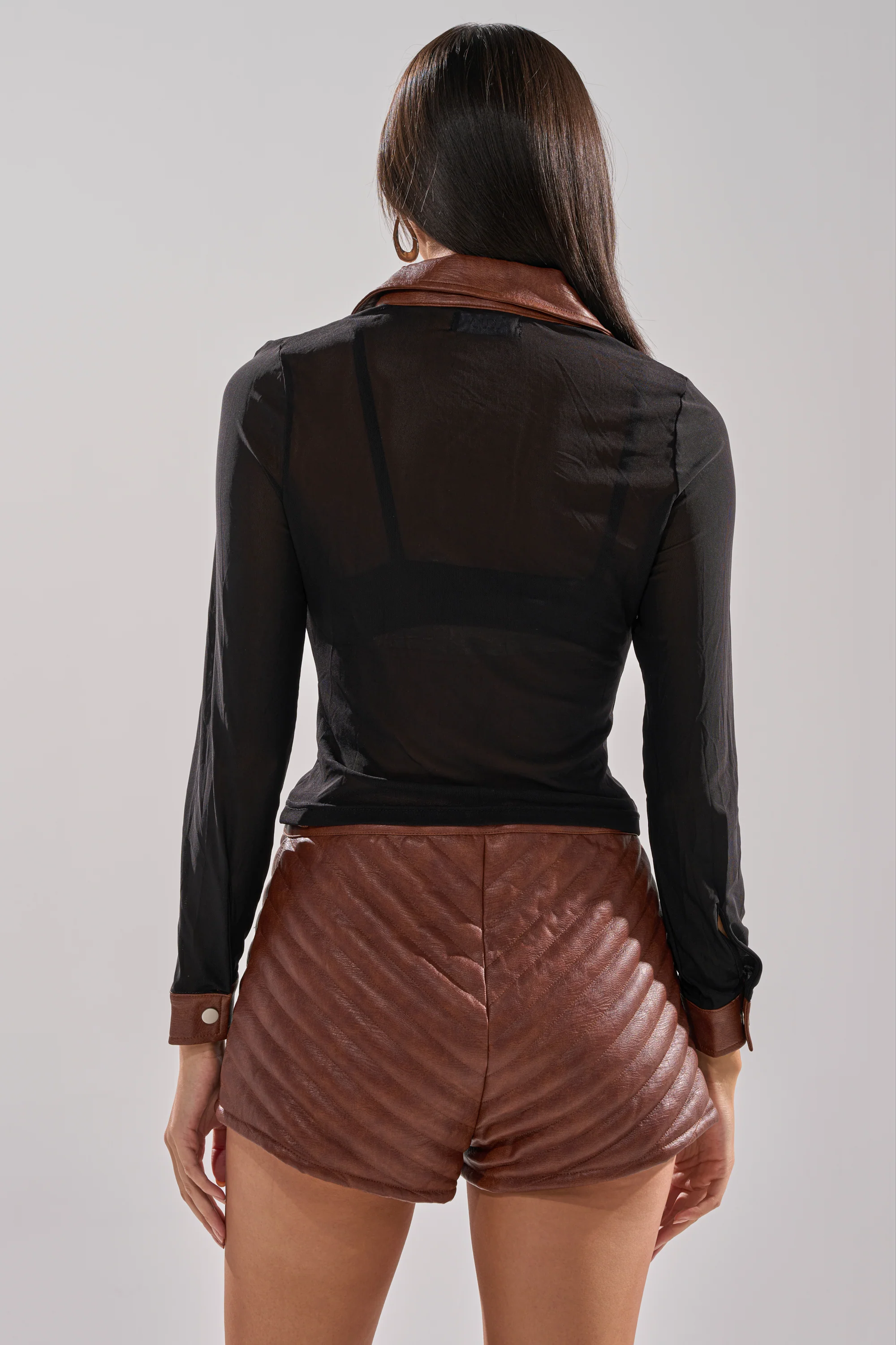 GALAXY MESH BUTTON DOWN WITH FAUX LEATHER TRIM - Image 7