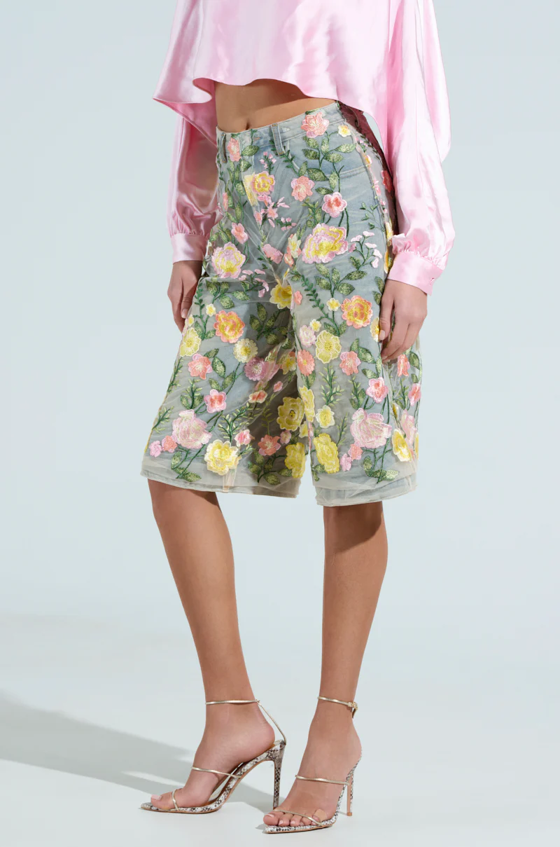 GARDEN PARTY STRETCH DENIM WITH FLORAL TULLE BERMUDA SHORTS - Image 4