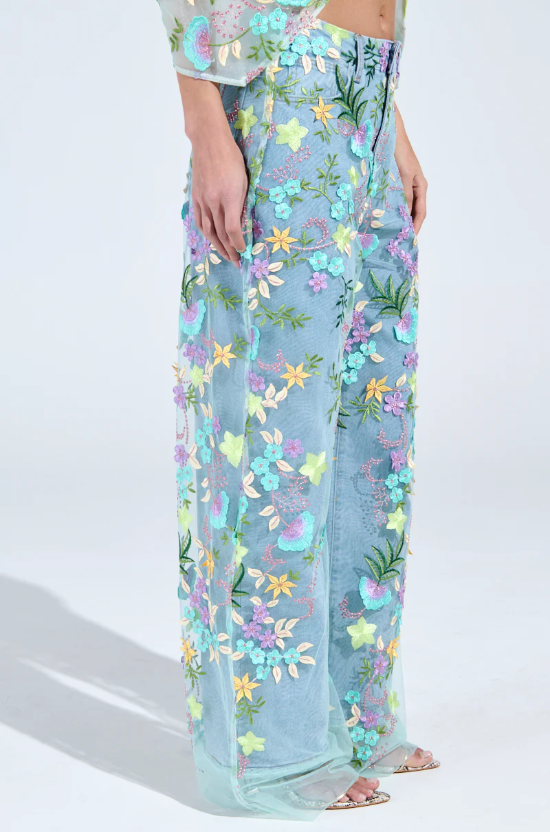 GARDENIA DENIM WITH FLORAL TULLE WIDE LEG JEANS - Image 3