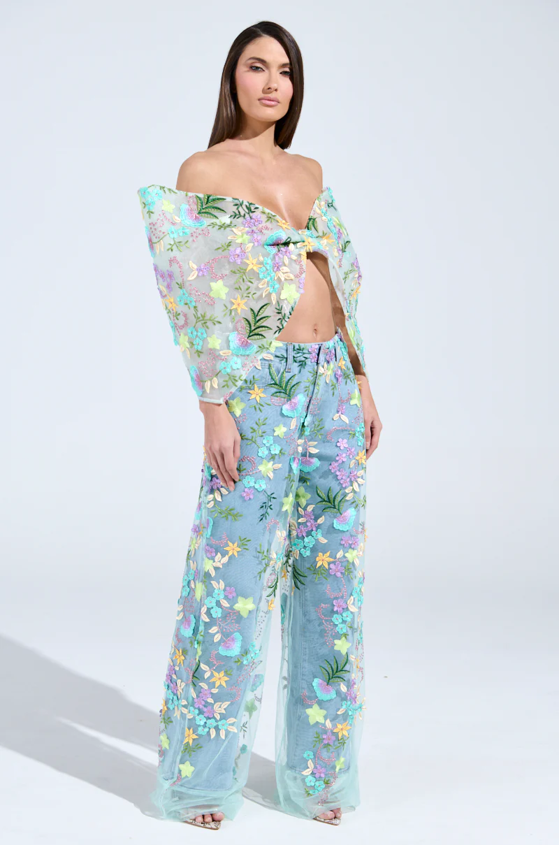 GARDENIA DENIM WITH FLORAL TULLE WIDE LEG JEANS - Image 5