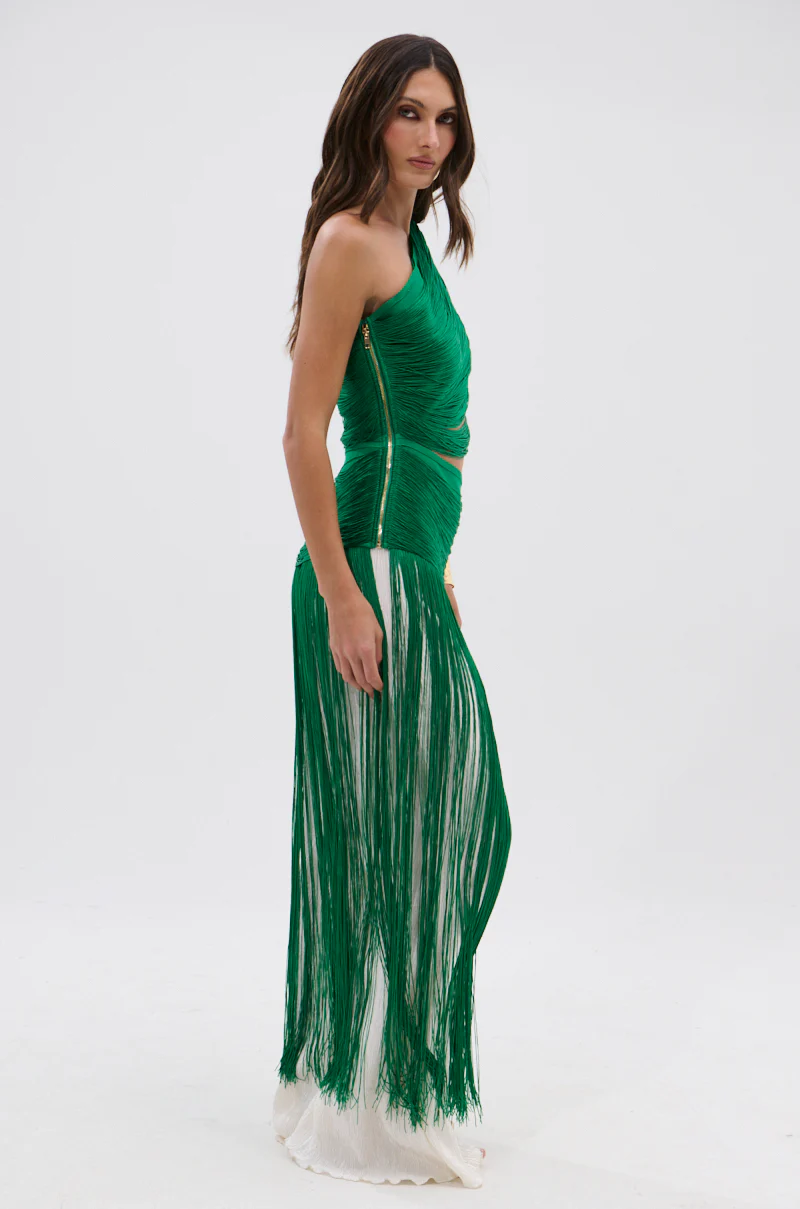 GINA SINGLE SHOULDER FRINGE TOP IN KELLY GREEN - Image 7