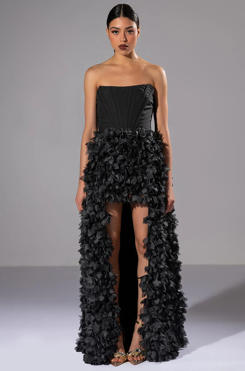 GIRL ON FIRE CASCADING HIGH LOW TUBE DRESS