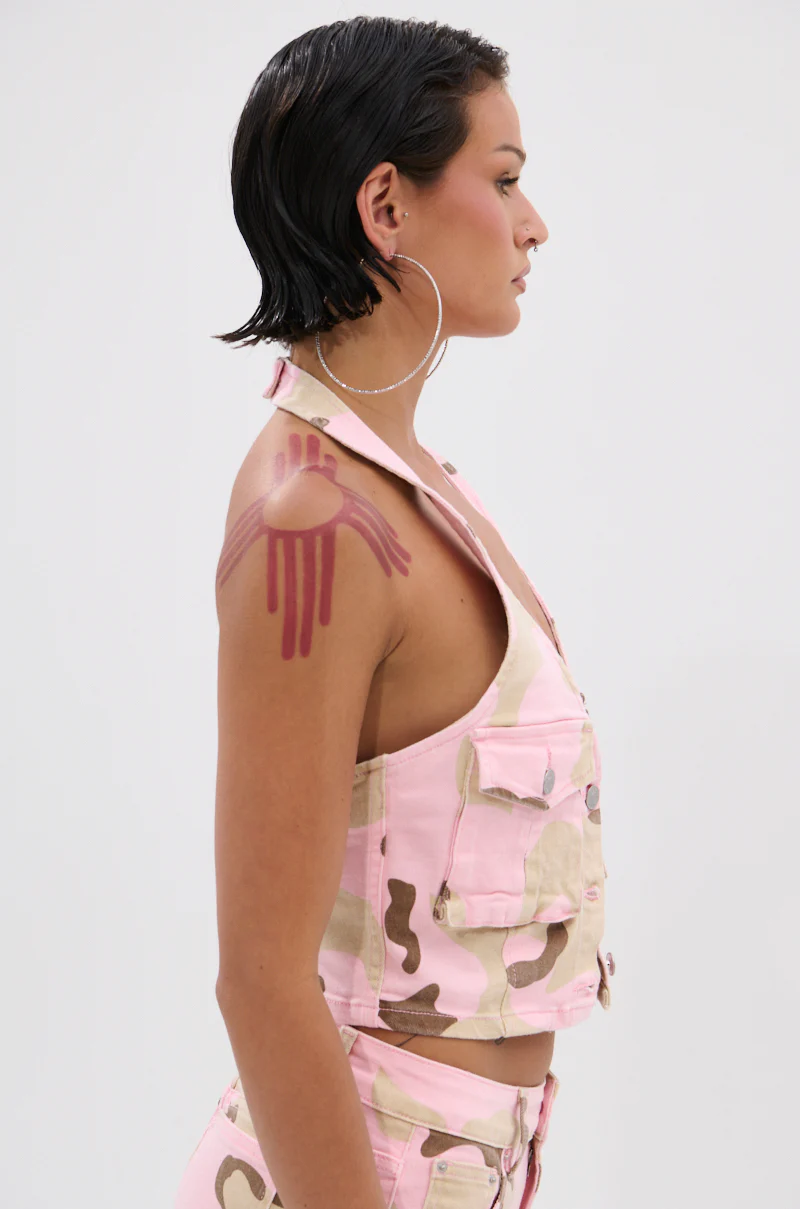 GIRL POWER CAMO BUTTON DOWN HALTER TOP - Image 3
