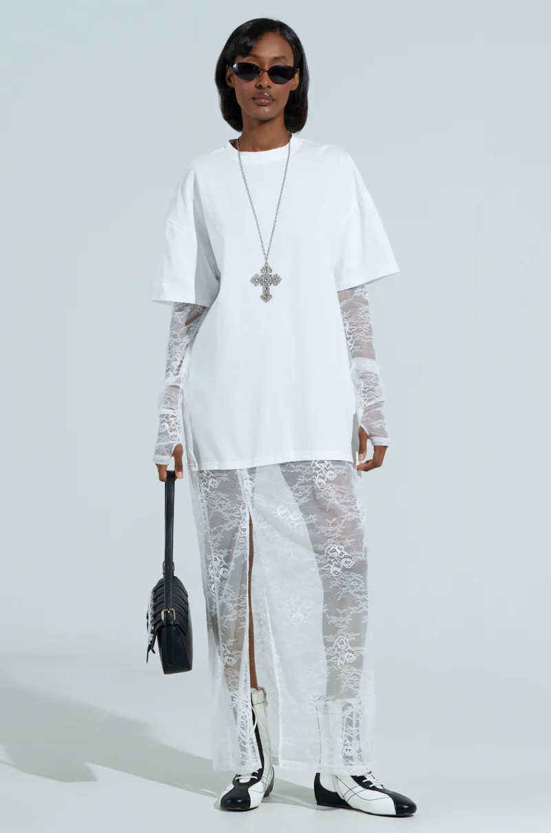 GIRLY BUT NOT LAYERED LACE MIDI DRESS IN WHITE