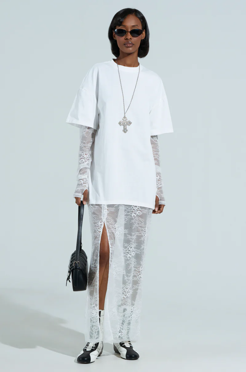 GIRLY BUT NOT LAYERED LACE MIDI DRESS IN WHITE - Image 2