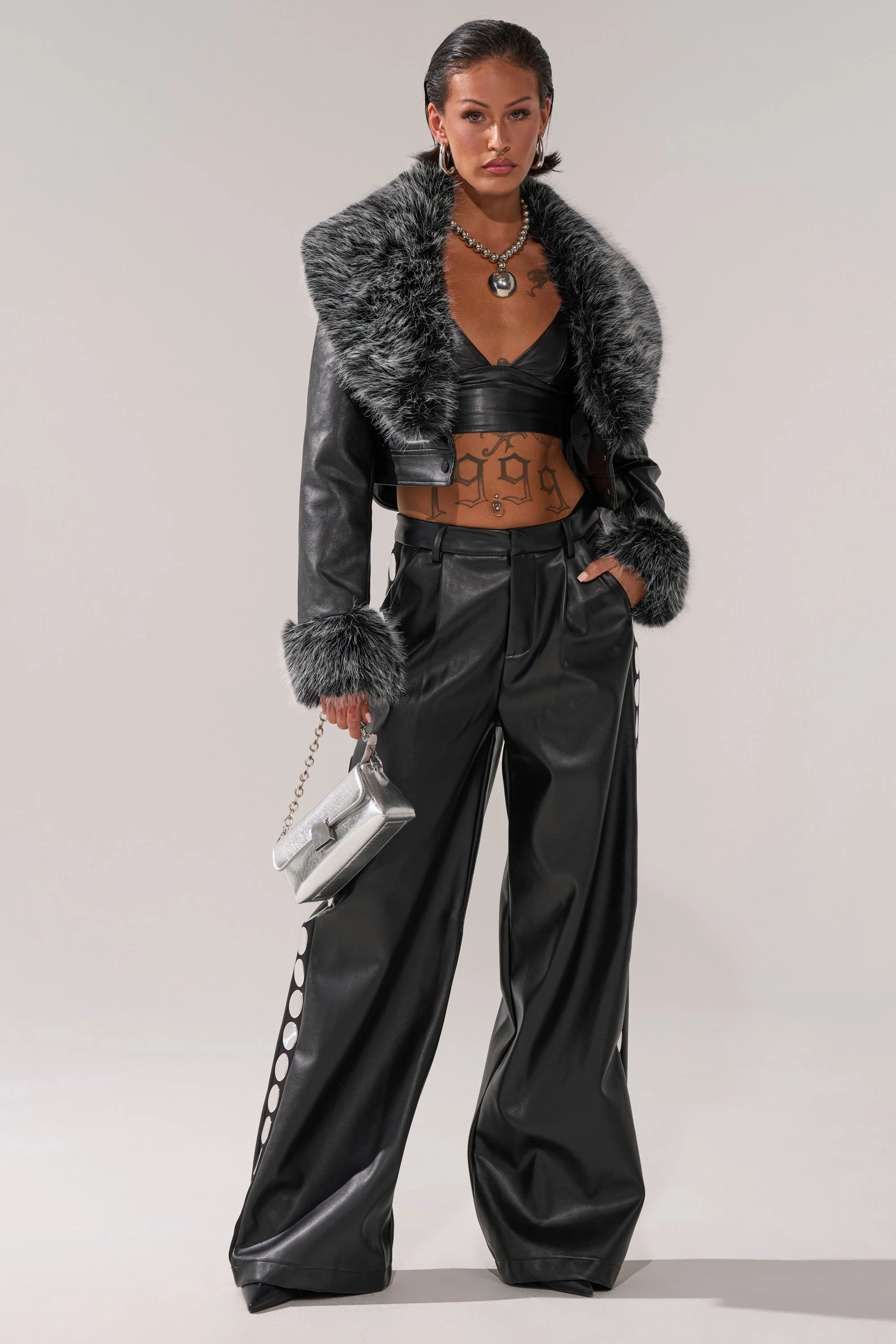 GISELE CROP MOTO BLAZER IN BLACK GREY - Image 2