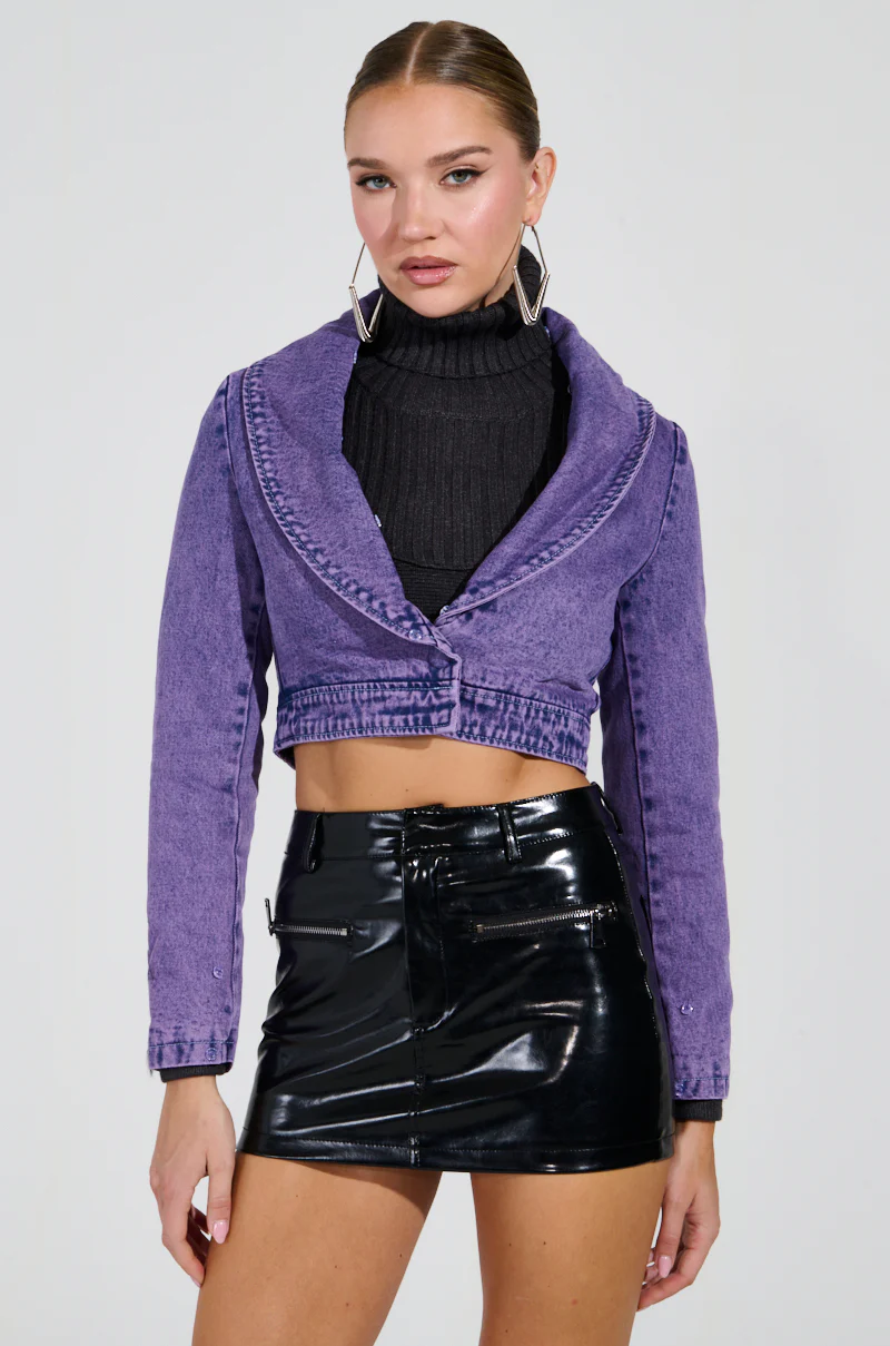 GISELE CROPPED FUR TRIM DENIM JACKET IN PURPLE - Image 3