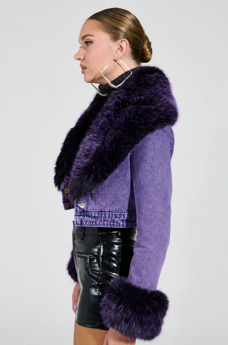 GISELE CROPPED FUR TRIM DENIM JACKET IN PURPLE - Image 5