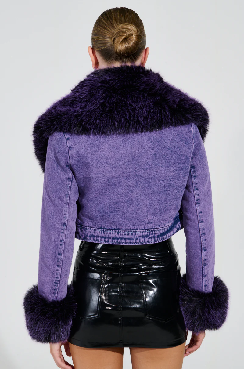 GISELE CROPPED FUR TRIM DENIM JACKET IN PURPLE - Image 6
