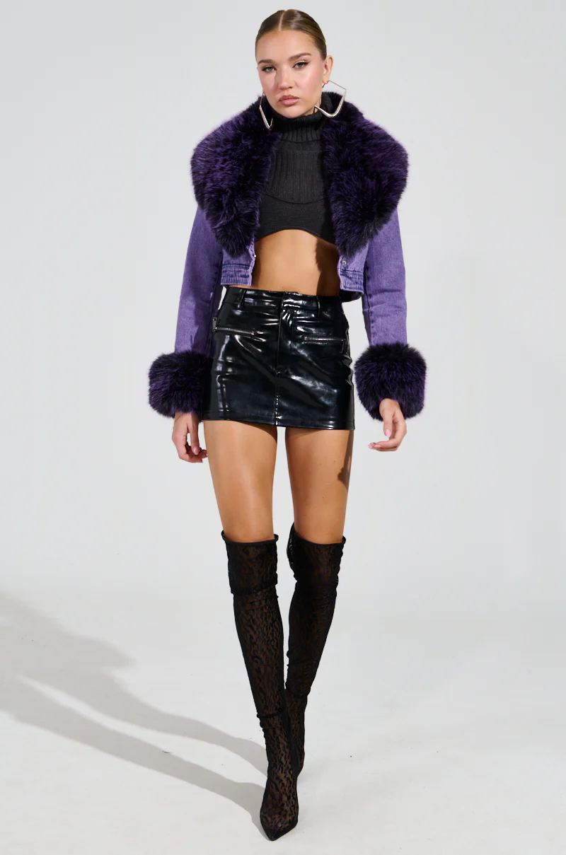 GISELE CROPPED FUR TRIM DENIM JACKET IN PURPLE - Image 9