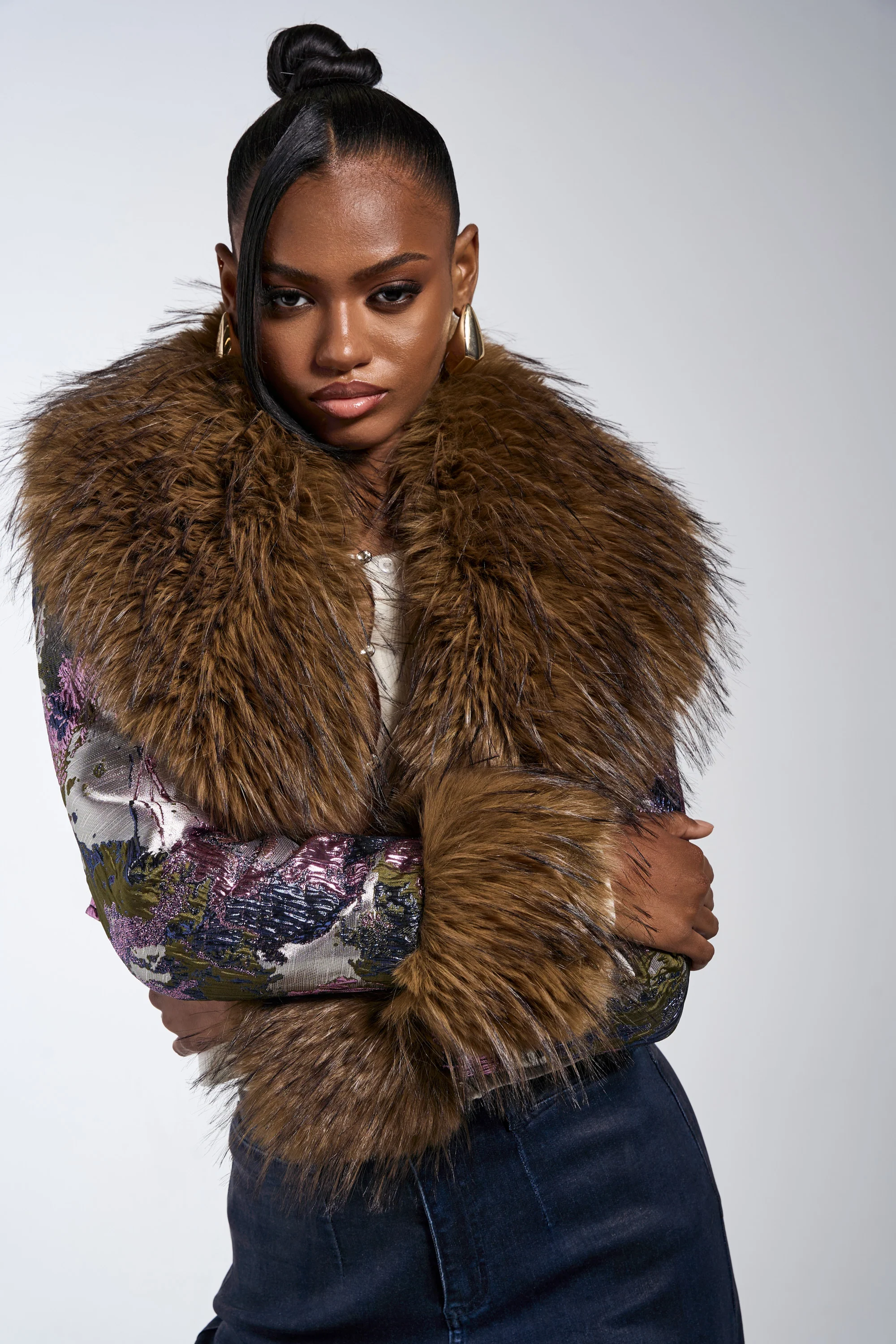 GISELE FUR TRIM MOTO IN BROCADE