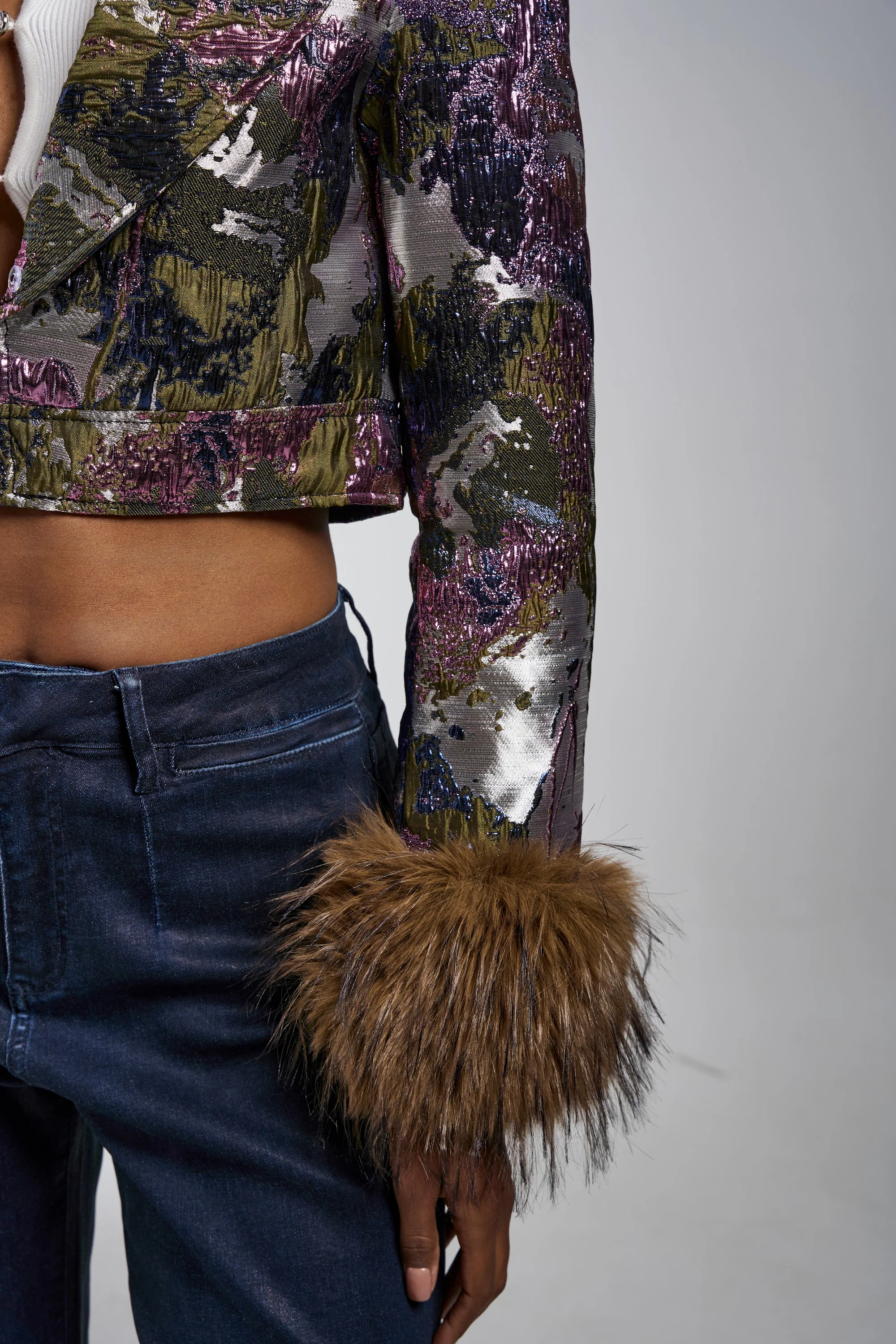 GISELE FUR TRIM MOTO IN BROCADE - Image 11