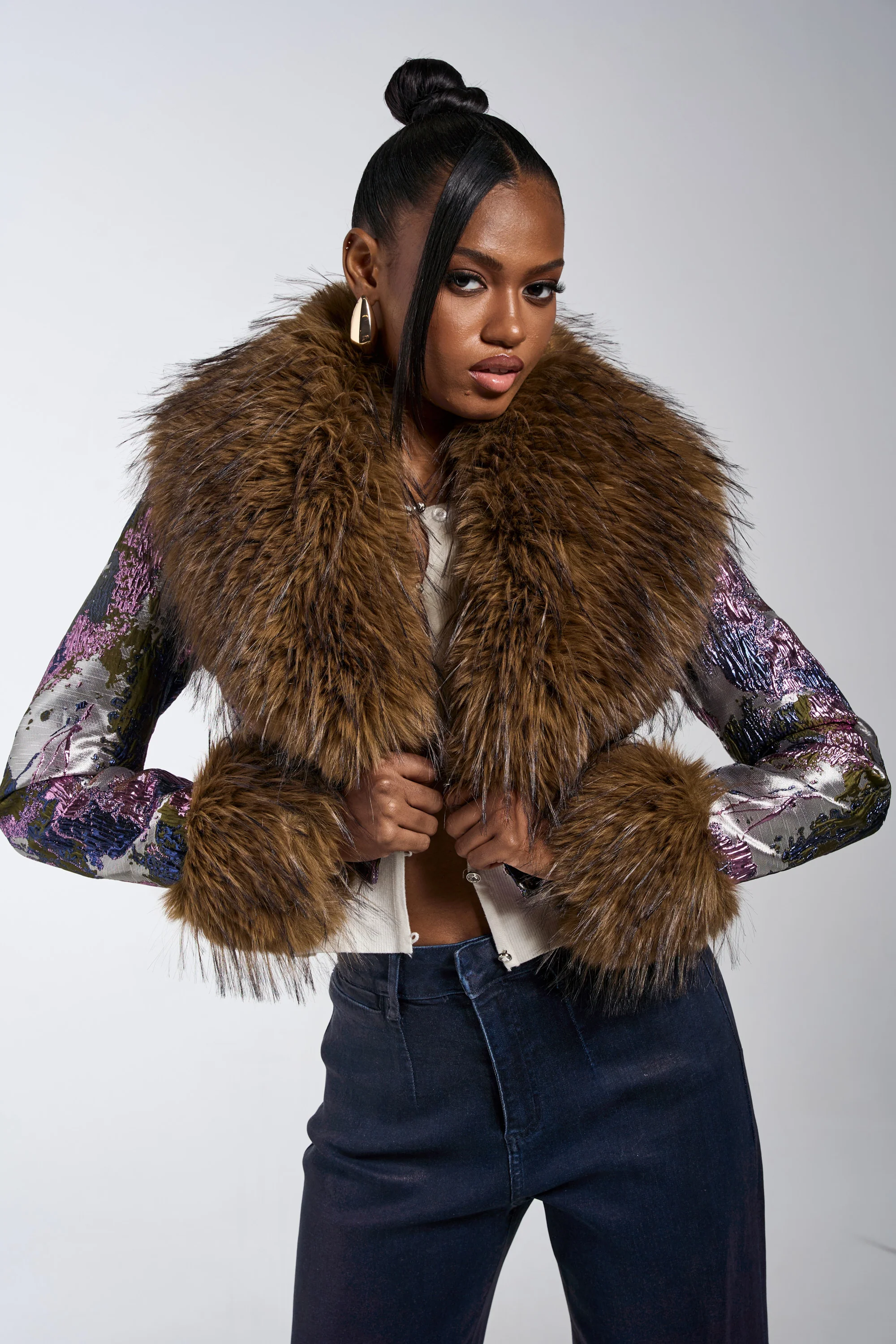 GISELE FUR TRIM MOTO IN BROCADE - Image 2