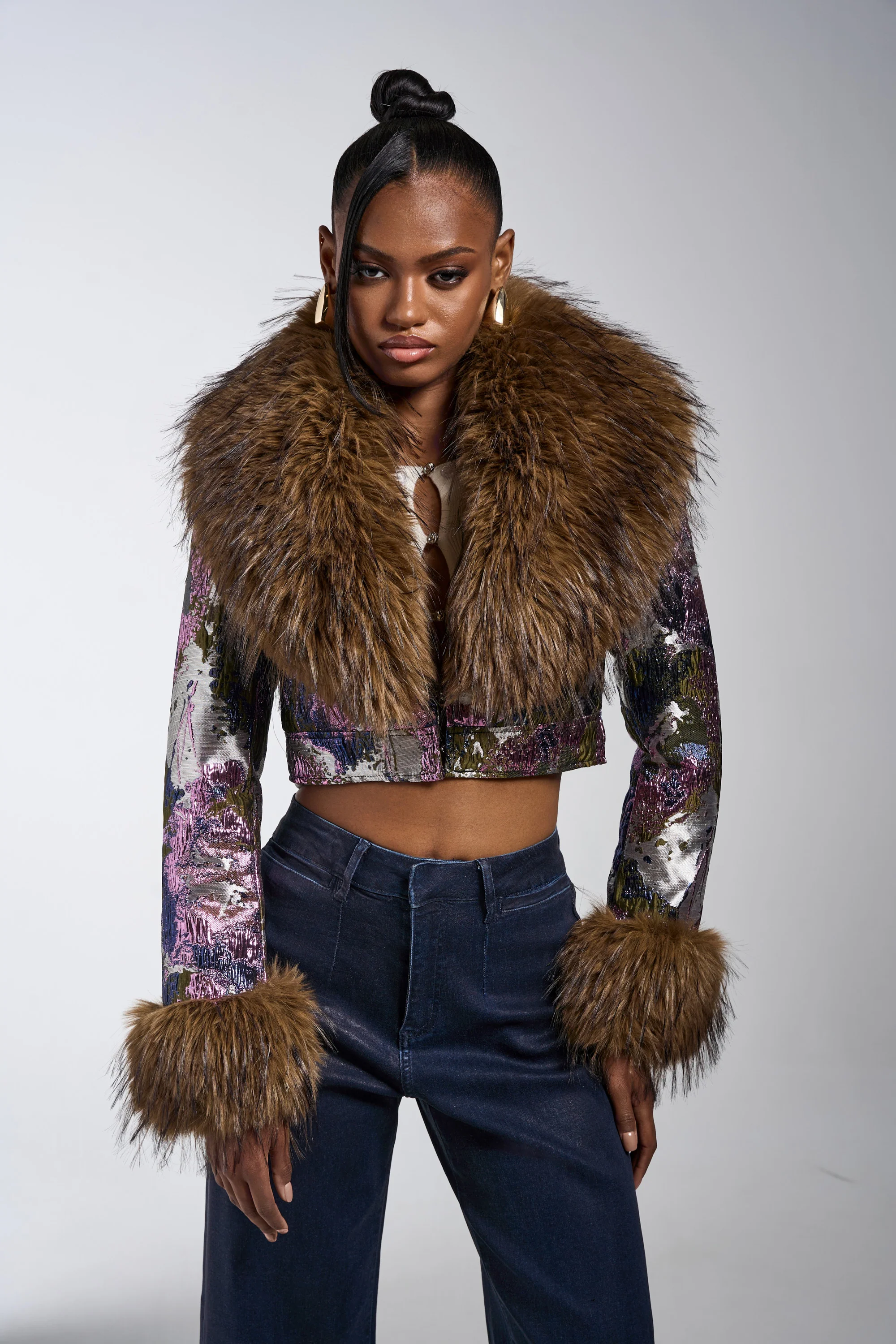 GISELE FUR TRIM MOTO IN BROCADE - Image 5