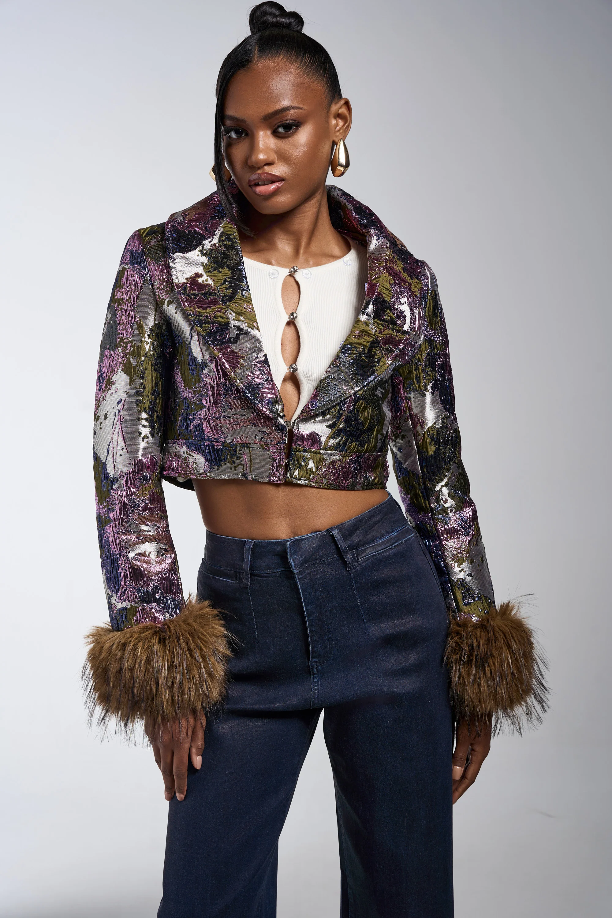 GISELE FUR TRIM MOTO IN BROCADE - Image 7