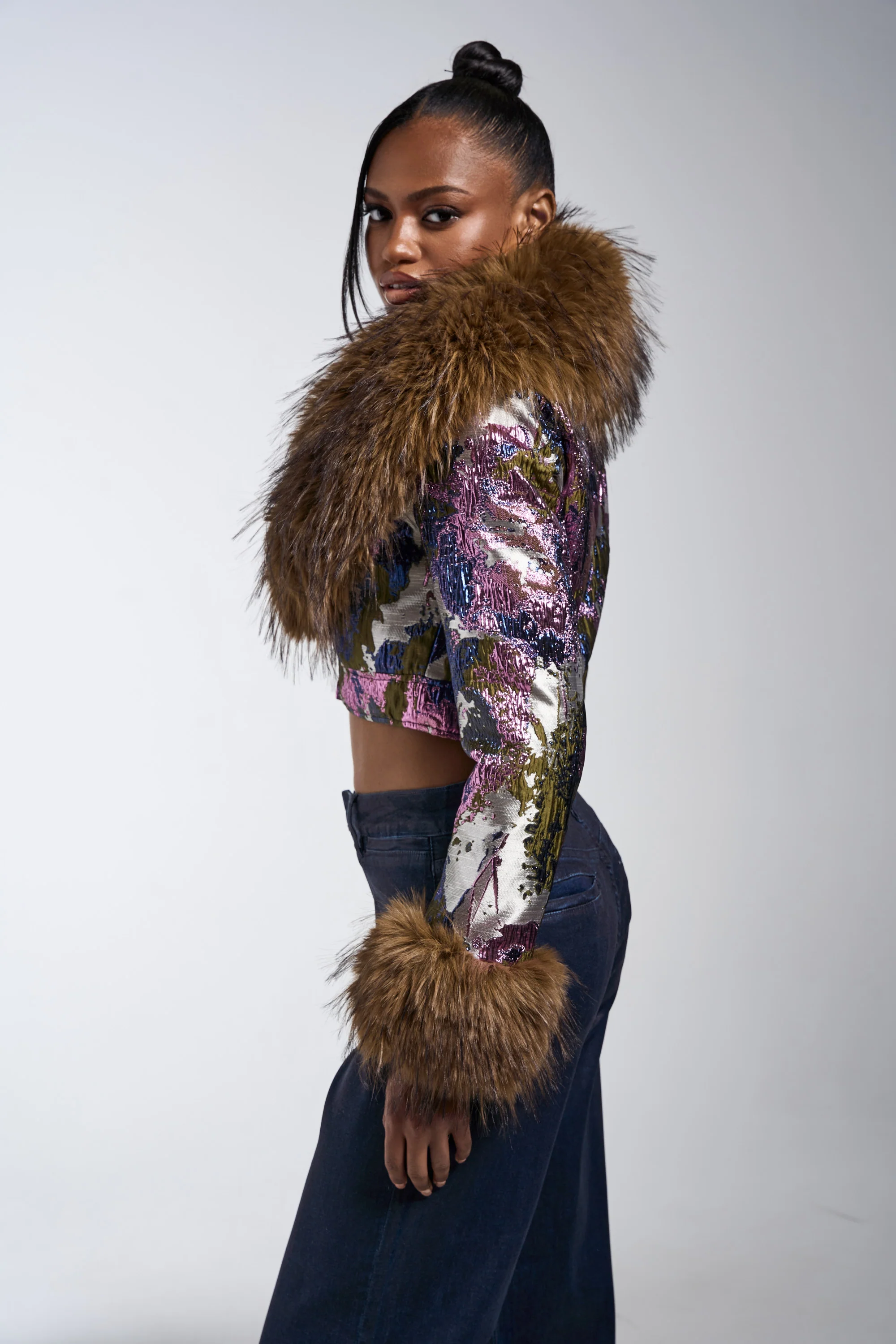 GISELE FUR TRIM MOTO IN BROCADE - Image 8