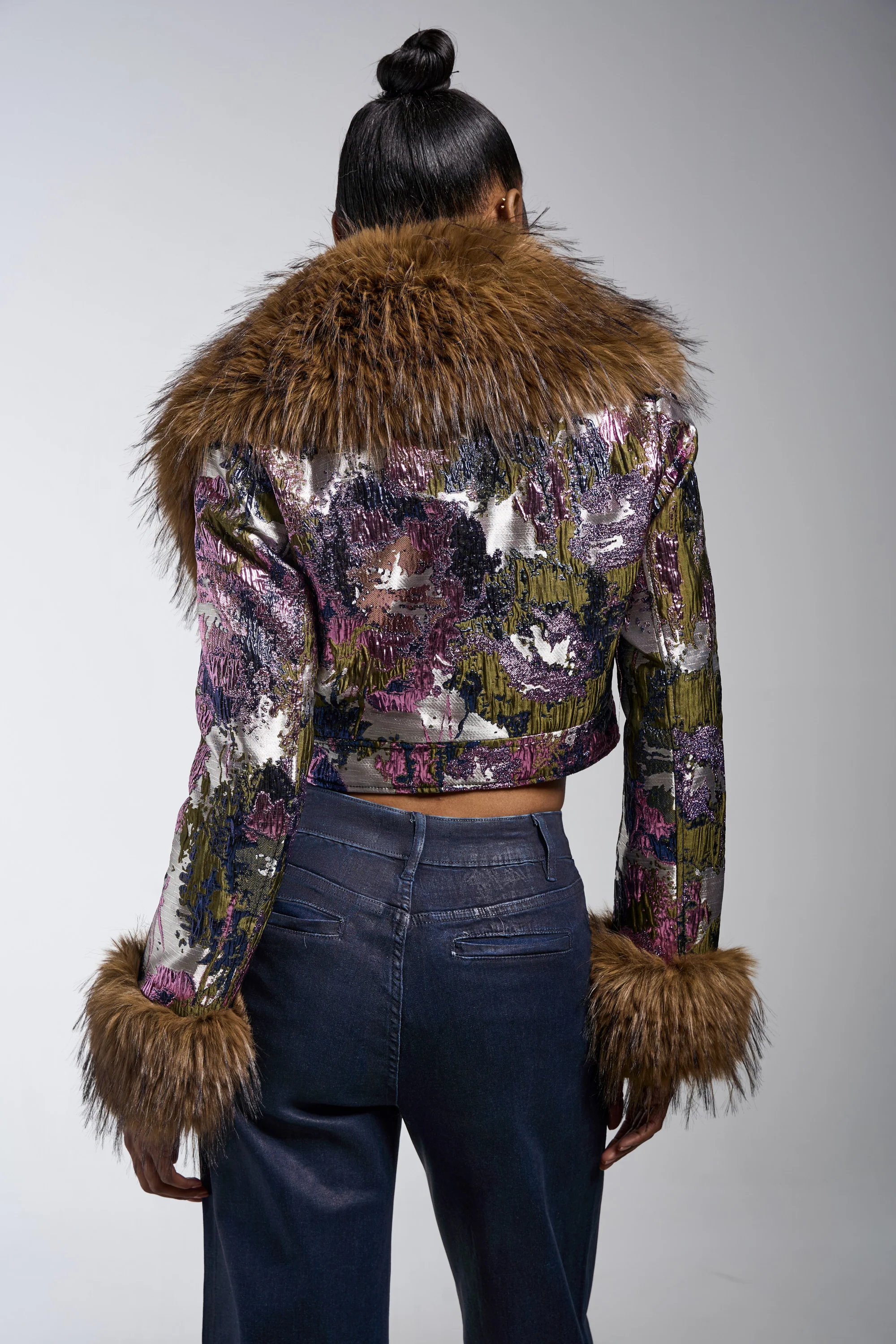 GISELE FUR TRIM MOTO IN BROCADE - Image 9