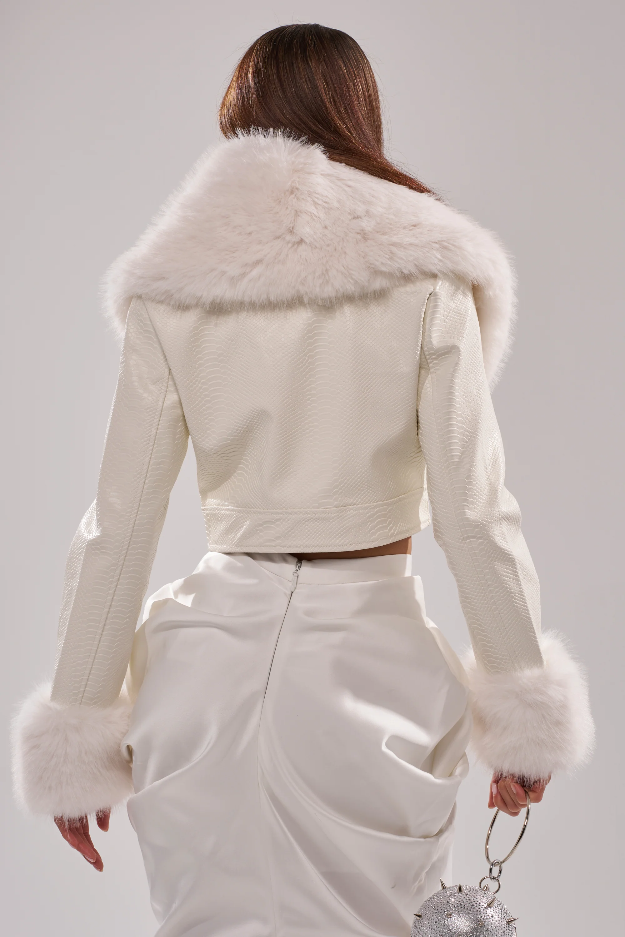 GISELE FUR TRIM MOTO IN WHITE CROC - Image 6