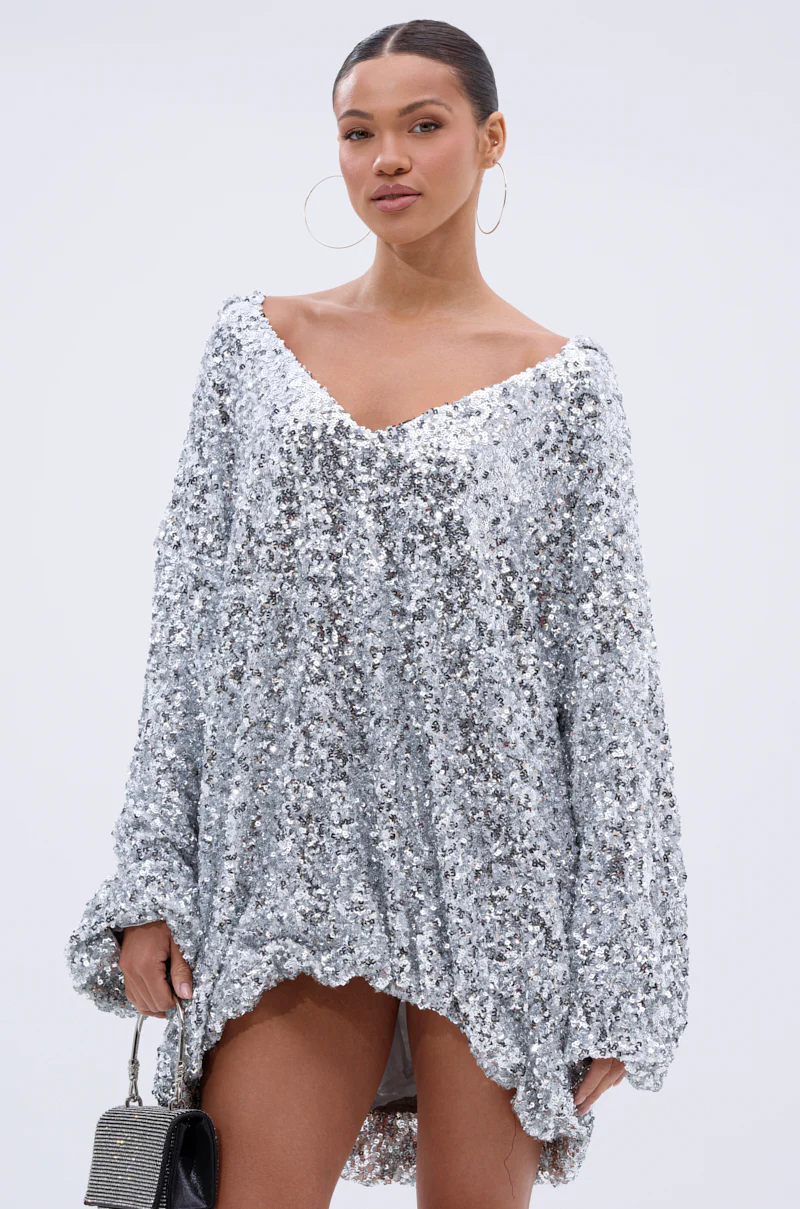 GISELLE SEQUIN SWEATSHIRT DRESS IN SILVER - Image 3