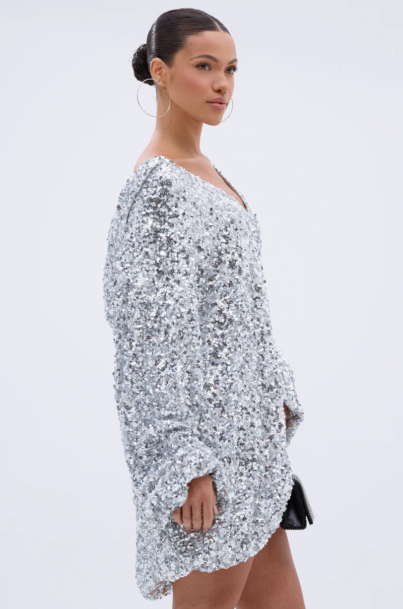 GISELLE SEQUIN SWEATSHIRT DRESS IN SILVER - Image 6