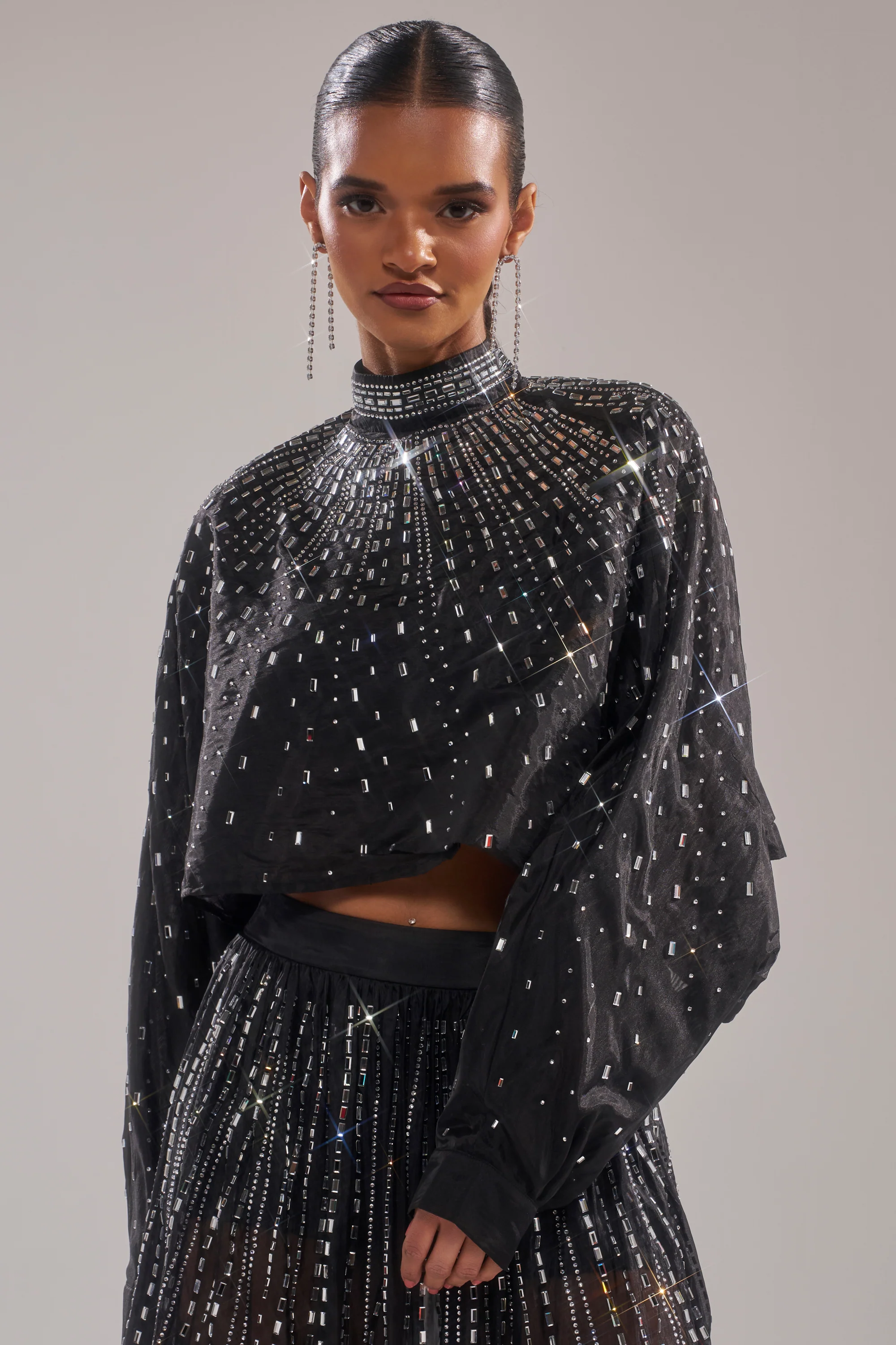 GLAMOROUS RHINESTONE MOCK NECK BLOUSE - Image 2