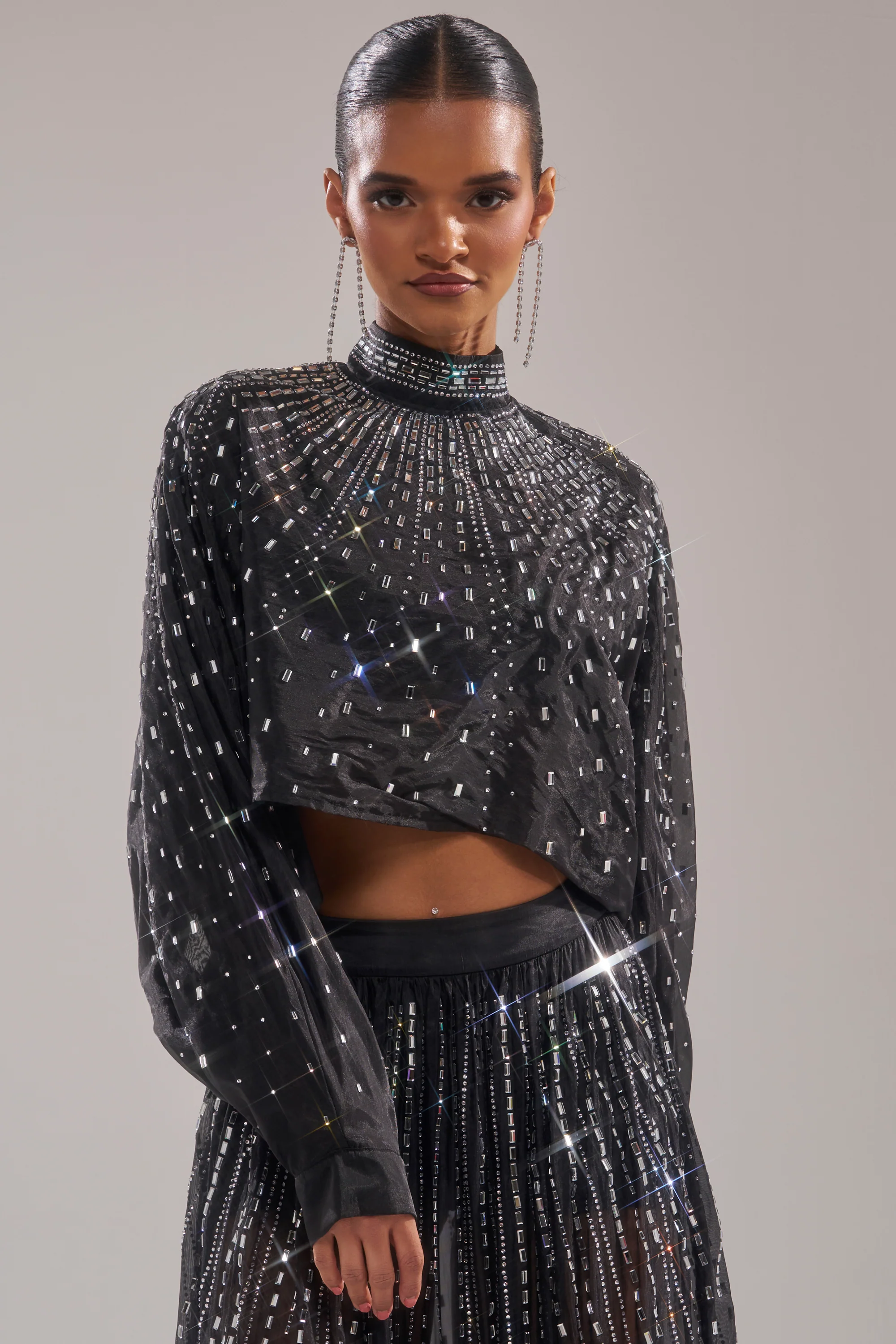 GLAMOROUS RHINESTONE MOCK NECK BLOUSE - Image 3