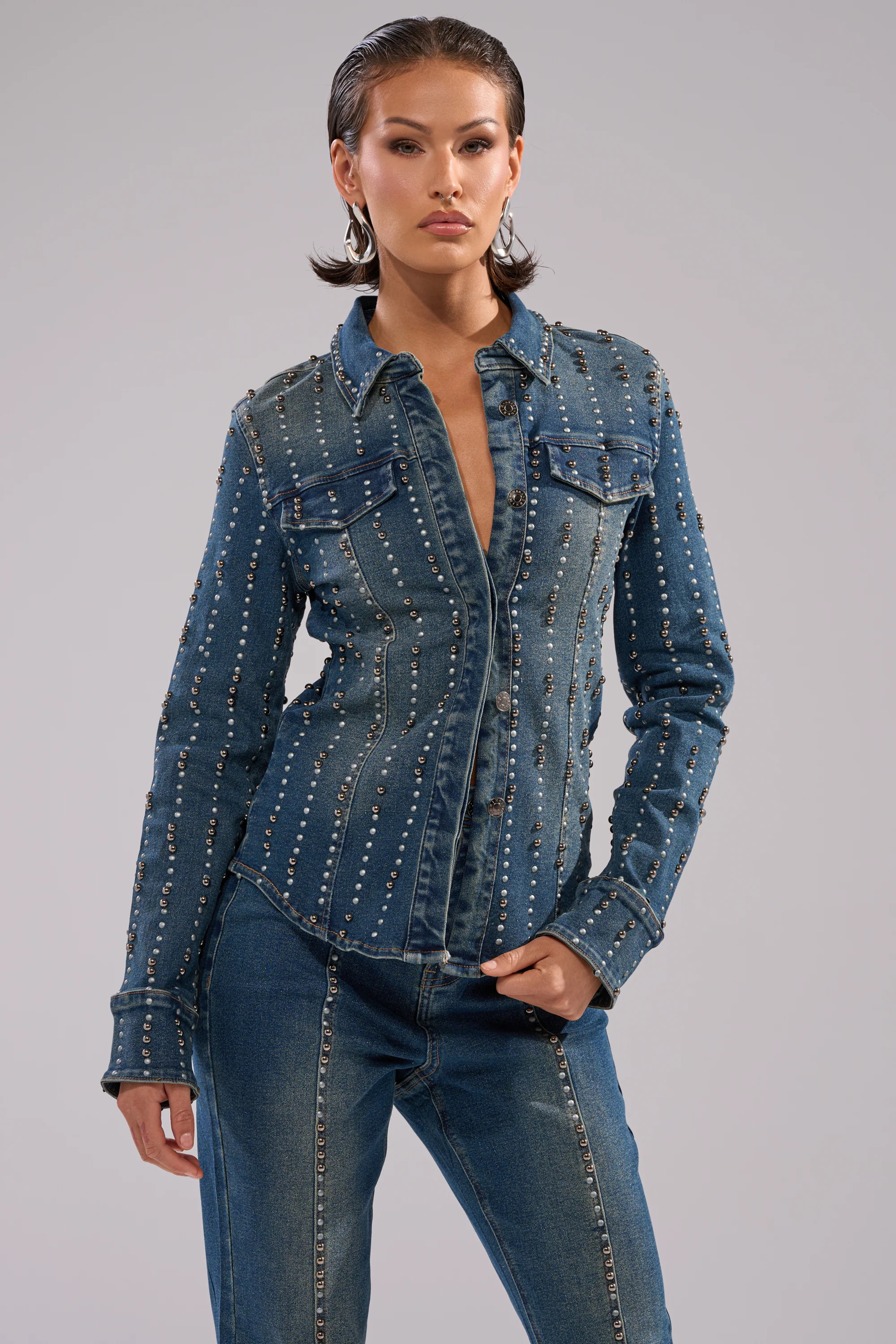 GLAMOUR STUDDED BUTTON DOWN DENIM TOP - Image 2